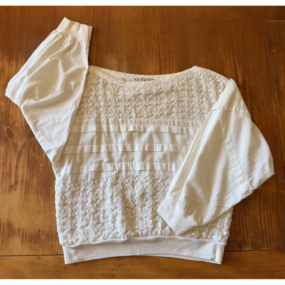Kutani by Garrett Womens White Cotton Poplin Pleated Popcorn Knit Top Small